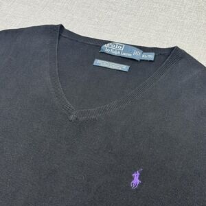 Polo Ralph Lauren Sweater Mens XL Black Cotton V-Neck Tight-Knit Pullover Logo